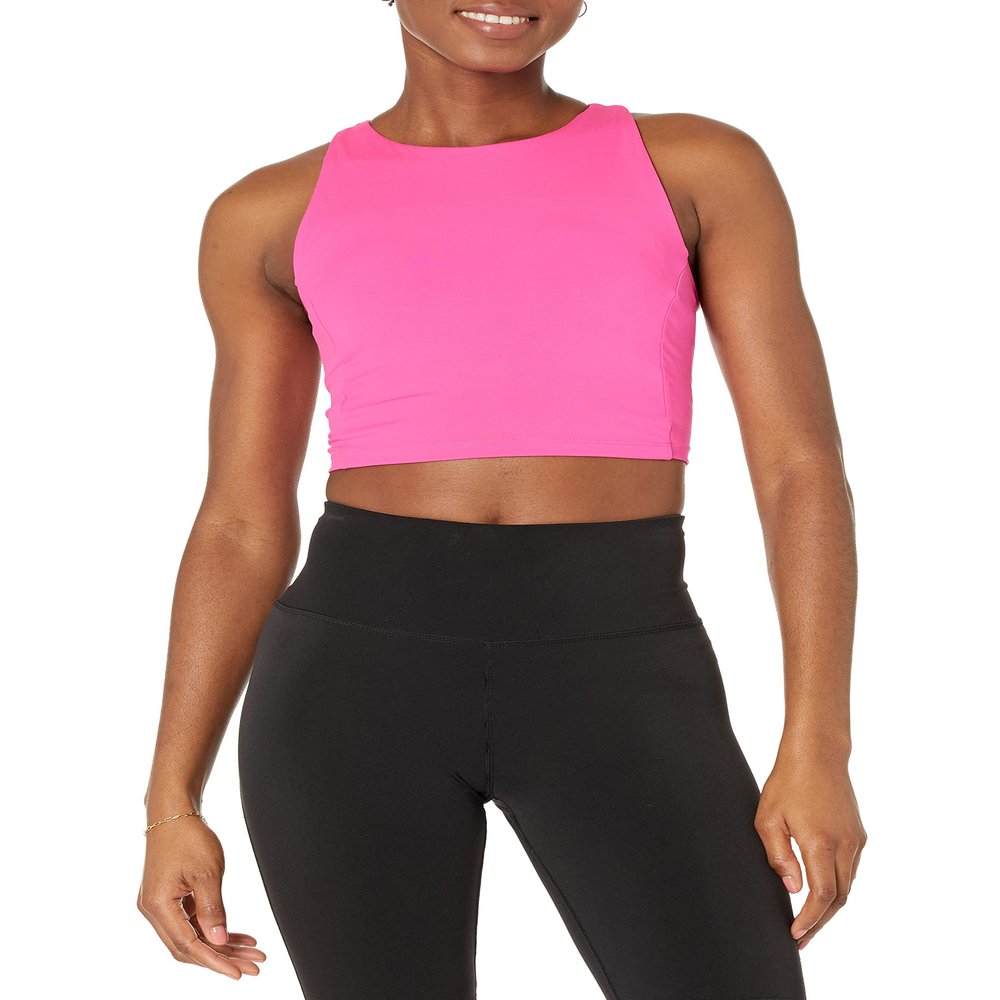 Amazon Essentials Women's Active Sculpt High Neck Racer Back Sports Bra Tank, Neon Pink, Medium