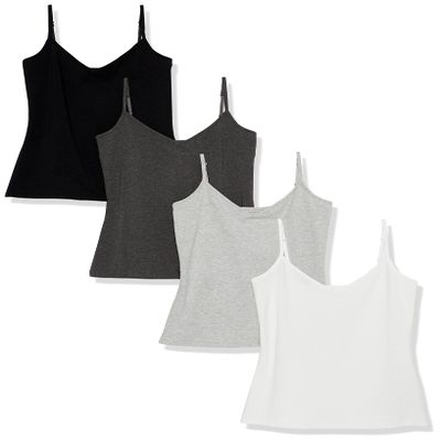 Amazon Essentials Women's Slim-Fit Knit V-Neck Layering Cami (Available in Plus Size), Pack of 4, Black/Charcoal Heather/Light Grey Heather/White, X-Large