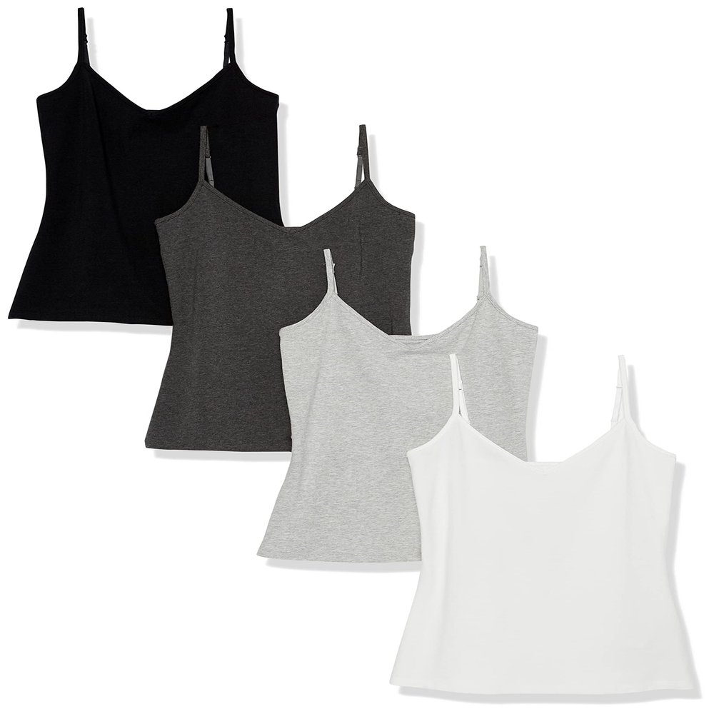 Amazon Essentials Women's Slim-Fit Knit V-Neck Layering Cami (Available in Plus Size), Pack of 4, Black/Charcoal Heather/Light Grey Heather/White, X-Large