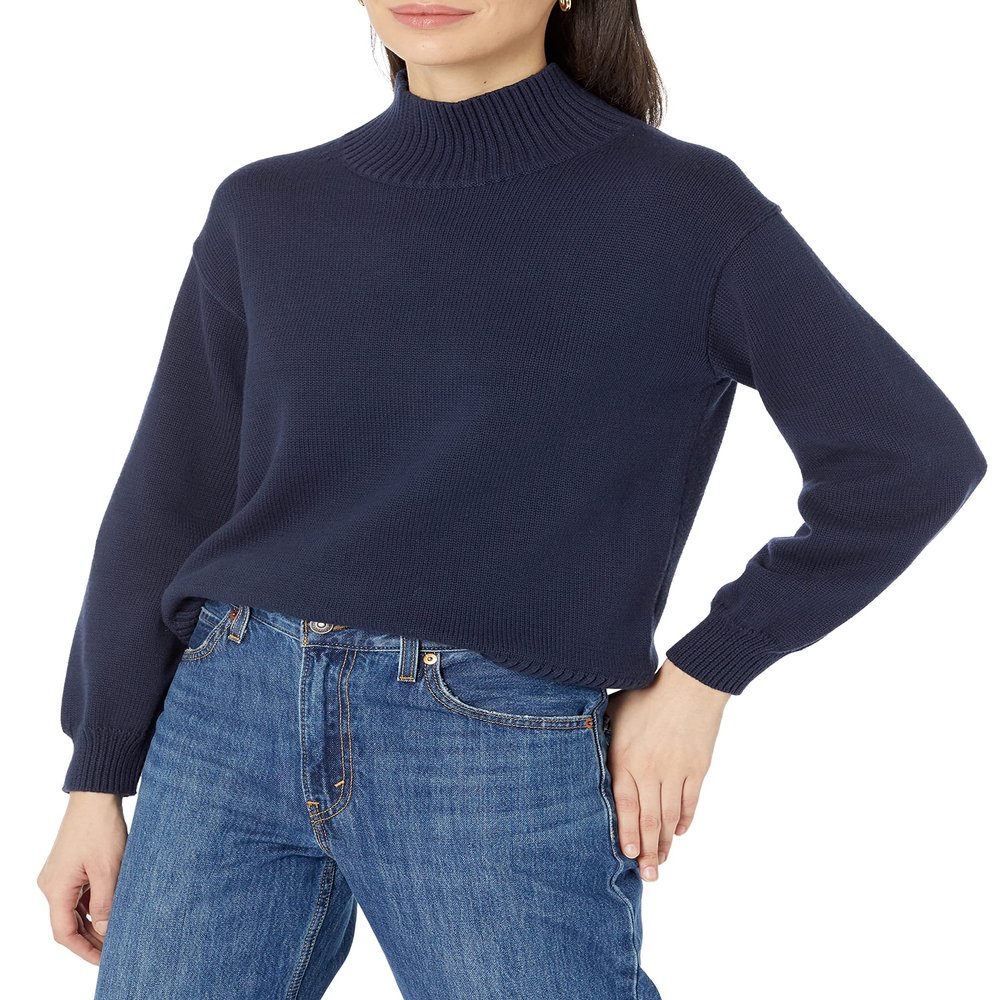 Amazon Essentials Women's Pull-Over Cotton Sweaters, Funnel-Neck, Available in Plus Size, Navy, Medium