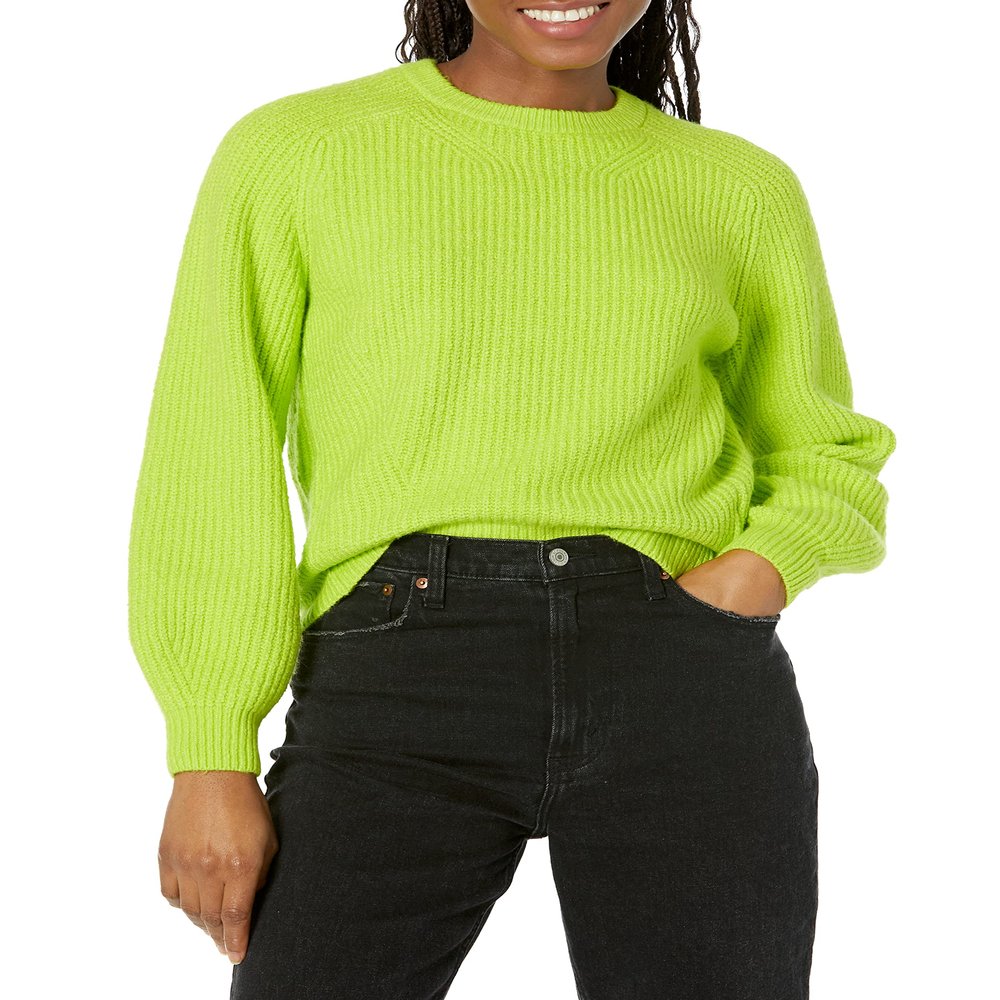 Amazon Essentials Ribbed Long Sleeve Sweaters for Women, Crewneck, Lime Green, Small