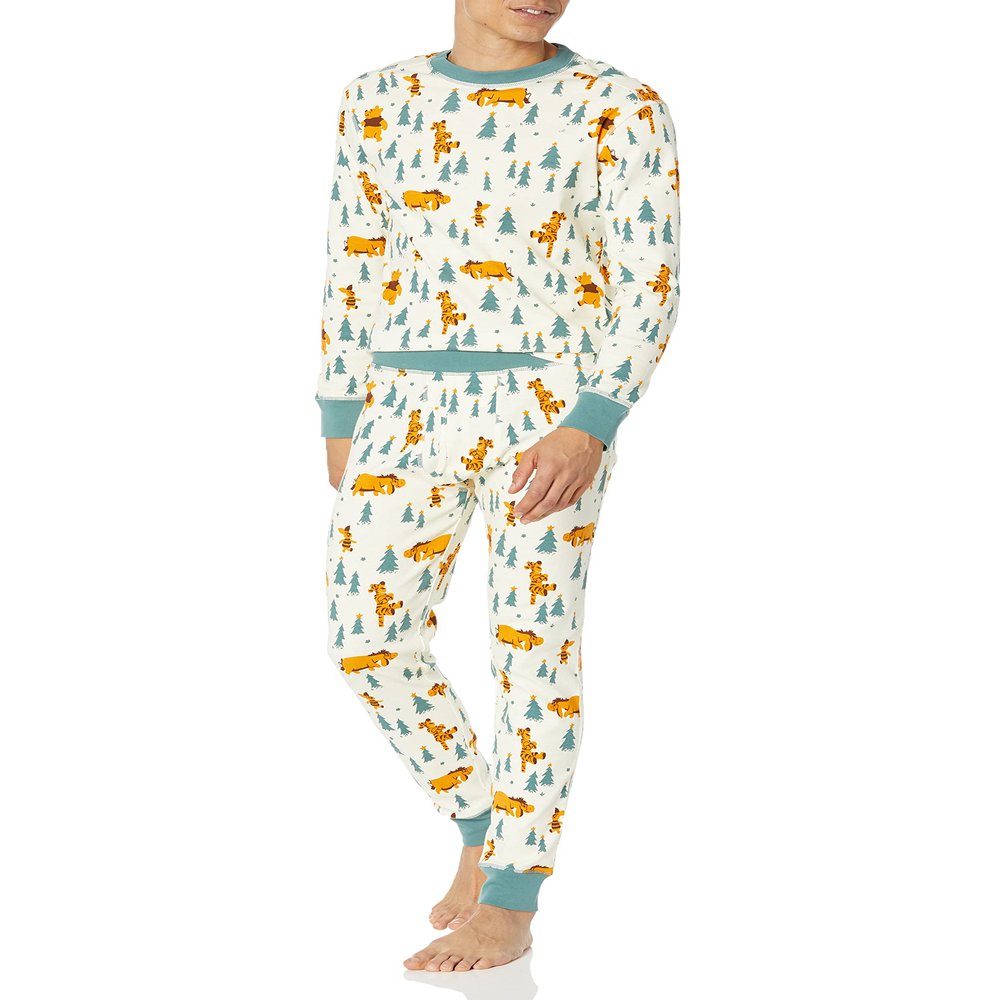 Amazon Essentials Disney | Marvel | Star Wars Men's Snug-Fit Pajama Sleep Sets, Pooh Holiday Forest - Mens Snug Fit, Large