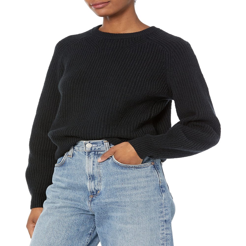 Amazon Essentials Ribbed Long Sleeve Sweaters for Women, Crewneck, Black, Large