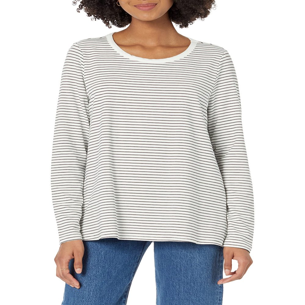 Amazon Essentials Women's Nursing T-Shirt for Breastfeeding, Maternity Clothes, Black White Thin Stripe, Small