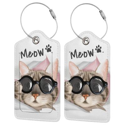 2 Pack Cute Cat Luggage Tags for Kids Girls Women Travel Funny Animal with Sunglasses Print on PU Leather Bag Tags Accessories Privacy Cover ID Label with Stainless Steel Loop for Backpack Suitcase