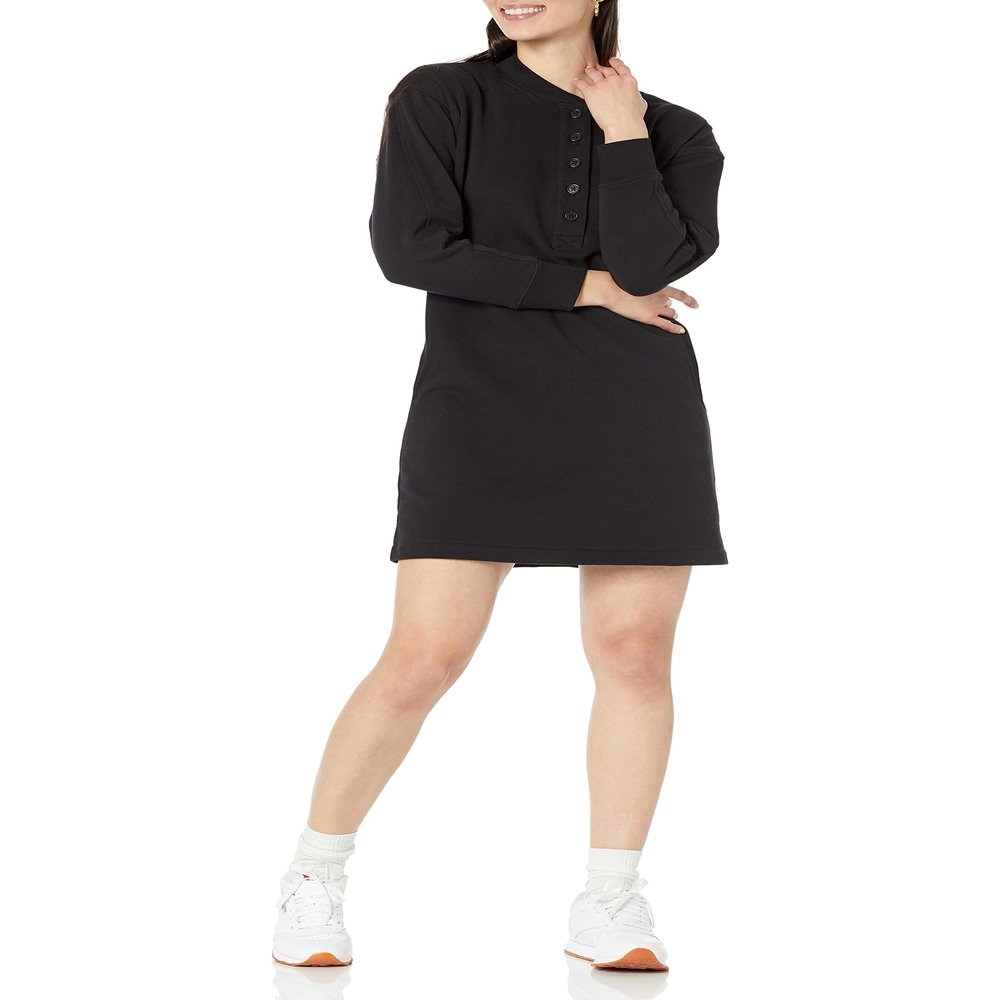 Amazon Essentials Women's Knit Henley Sweatshirt Dress (Available in Plus Size), Black, Medium