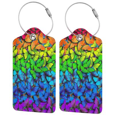 2 Pack Luggage Tag for Suitcases, Colorful Backpack Tag with Beautiful Butterflies Pattern Leather Suitcase Tags Identifiers with Privacy Name Address Labels & Durable Steel Loop for Women Men Travel