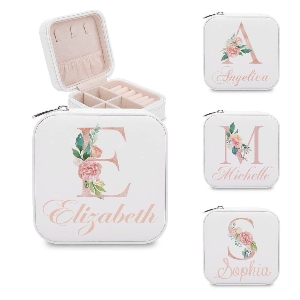 AXKEUDO Personalized Leather Women's Travel Jewelry Case Box Custom Name And Text for Birthday,Christmas,Valentine's Day Gifts Letter E