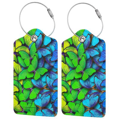 2Pcs Green Blue Butterfly Luggage Tags for Suitcases for Women Girls, Pretty Leather Suitcases Tag with Stainless Steel Loop Privacy Cover ID Label Travel Bag Tags Luggage Identifiers for Kids Adults