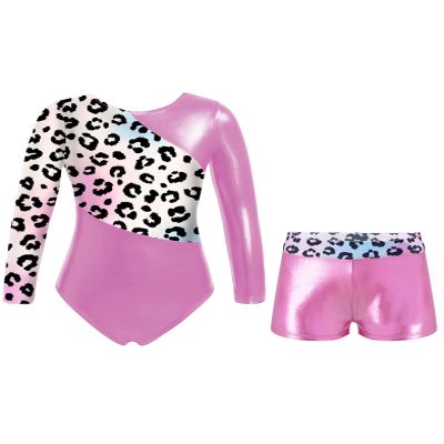 Daenrui Kids Girls Long Sleeve Gymnastics Leotards with Shorts Biketard 2 Pieces Ballet Dance Outfits Tracksuit Pink 14 Years