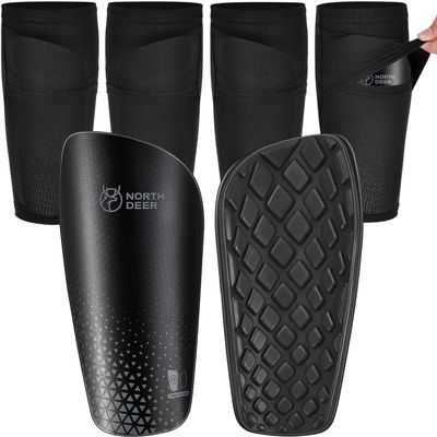 Northdeer Soccer Shin Pads for Teenager incl. 2 Pair of Sleeves with Optimized Insert Pocket - Protective Soccer Equipment for Kids Youth Adults (Black M)
