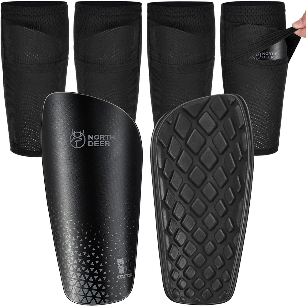 Northdeer Soccer Shin Pads for Teenager incl. 2 Pair of Sleeves with Optimized Insert Pocket - Protective Soccer Equipment for Kids Youth Adults (Black M)