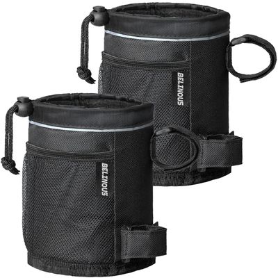 Belinous Bike Cup Holder, Water Bottle Holder Up to 32oz, Bicycle Handlebar Drink Holder Oxford Fabric with Mesh Pockets for e-Bike Scooter Cruiser Wheelchair Walker Boat, Black, 2 Pack
