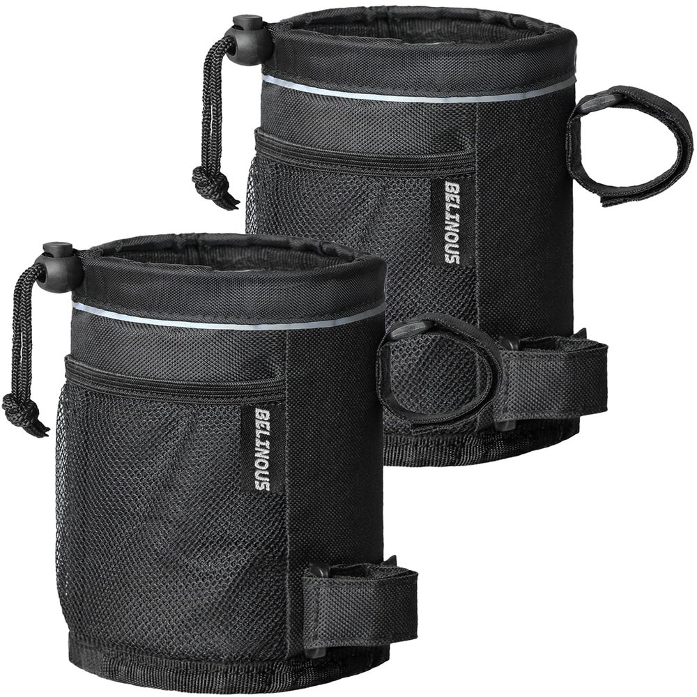 Belinous Bike Cup Holder, Water Bottle Holder Up to 32oz, Bicycle Handlebar Drink Holder Oxford Fabric with Mesh Pockets for e-Bike Scooter Cruiser Wheelchair Walker Boat, Black, 2 Pack
