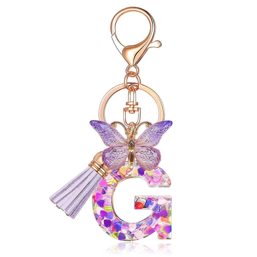 JINGUAZI Initial letter Keychains for Women Tassel Butterfly Pink Cute Car Keychain for Wallet Purses Backpack (Purple G)