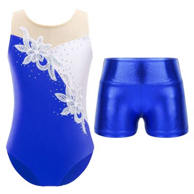 Linjinx Kids Girls Sequin Gymnastics Leotards One Piece Ballet Dance Bodysuit Biketards with Metallic Dance Short Sets Royal Blue 8 Years