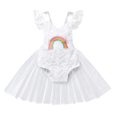 Baby Girl Clothes, Newborn Toddler 1st Birthday Outfit Boho Ruffle Sleeveless Lace Tulle Romper Princess Tutu Dress Backless Infant Bodysuit First Birthday Photoshoot Clothes White - Rainbow 12-18 Months