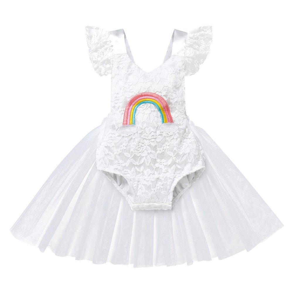 Baby Girl Clothes, Newborn Toddler 1st Birthday Outfit Boho Ruffle Sleeveless Lace Tulle Romper Princess Tutu Dress Backless Infant Bodysuit First Birthday Photoshoot Clothes White - Rainbow 12-18 Months