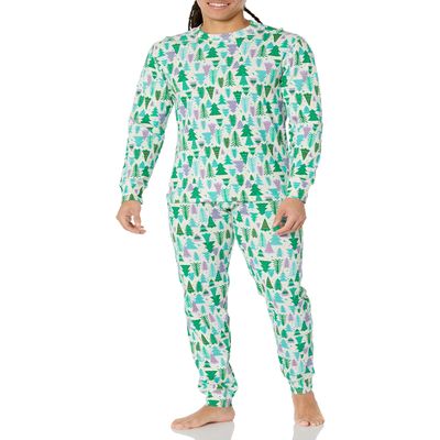 Amazon Essentials Men's Knit Pajama Set, Ecru Festive Tree, Medium