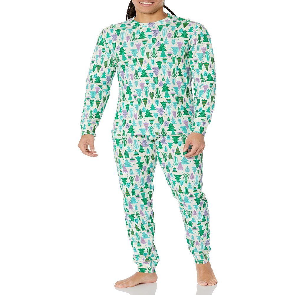 Amazon Essentials Men's Knit Pajama Set, Ecru Festive Tree, Medium