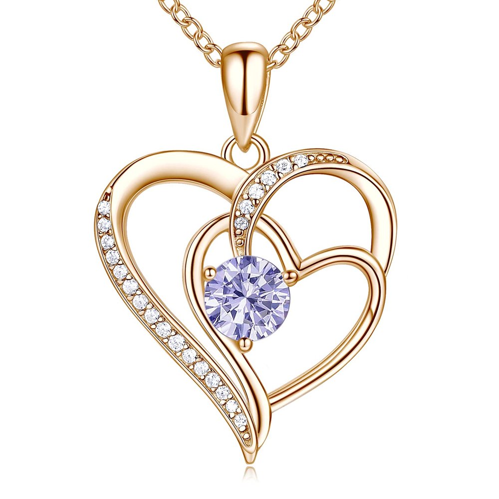 OR OLD RUBIN Heart Necklace for Women, 18K Gold Over 925 Sterling Silver Necklace for Women with a Gemstone Birthstone, Sterling Silver, Cubic Zirconia 42+8cm
