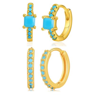 HEYu Hoop Huggie Turquoise Earrings Set for Women 18K Real Gold Plated Small Cuff Huggie Hoops Earrings Gold Cartilage Earring for Women