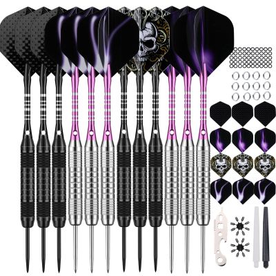 12 Pack Darts Metal Tip Set 22/24 Grams, Steel Tip Darts with Premium Black Purple Aluminum Shafts, Extra 50 Rubber O-Rings 6 Nylon Shafts 24 Flights 12 Spring Rings 16 Flights Protector 1 Tool Kit