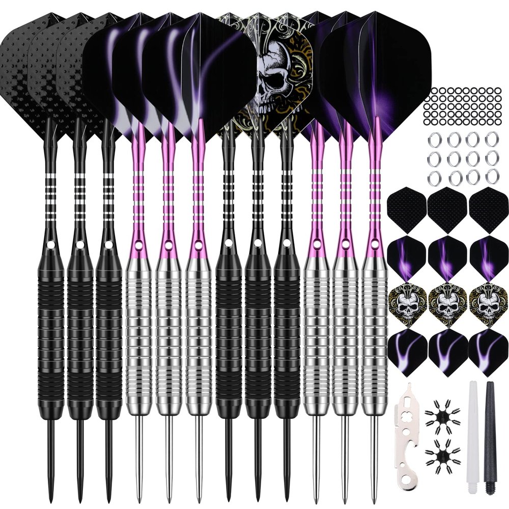12 Pack Darts Metal Tip Set 22/24 Grams, Steel Tip Darts with Premium Black Purple Aluminum Shafts, Extra 50 Rubber O-Rings 6 Nylon Shafts 24 Flights 12 Spring Rings 16 Flights Protector 1 Tool Kit