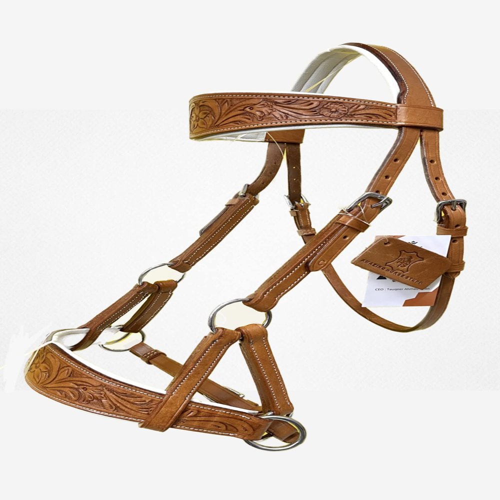 AMAZING HORSE STUFF Sidepull Bitless Bridle with Designer Hand Carving On Browband & Noseband Oval Shaped (Cob)