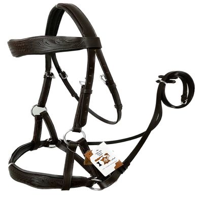 AMAZING HORSE STUFF Sidepull Bitless Bridle with Designer Hand Carving On Brow & Noseband Curved Shaped Brown (Full, Cob, Pony) (Pony)