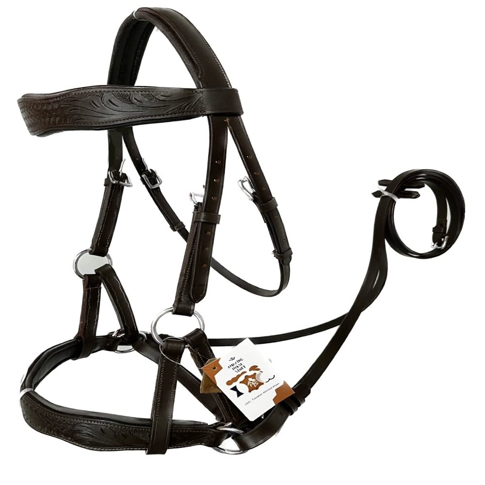 AMAZING HORSE STUFF Sidepull Bitless Bridle with Designer Hand Carving On Brow & Noseband Curved Shaped Brown (Full, Cob, Pony) (Pony)
