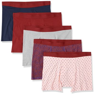Amazon Essentials Men's Underwear Boxer Briefs, Comfortable Cotton, Tag-Free, Pack of 5, Dark Blue Floral/Grey Heather/Light Pink Diamond Print/Navy/Red, X-Small