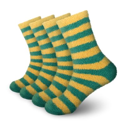 BambooMN Women's Fuzzy Team Spirit Socks - Super Soft Microfiber Game Day Sports Socks - Striped Green & Gold - Extra Large - 4 Pairs