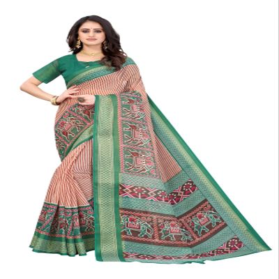 IMTRA FASHION Women's Printed Indian Saree Linen Zari Work Sari with Blouse Green (MAUSMI GREEN)