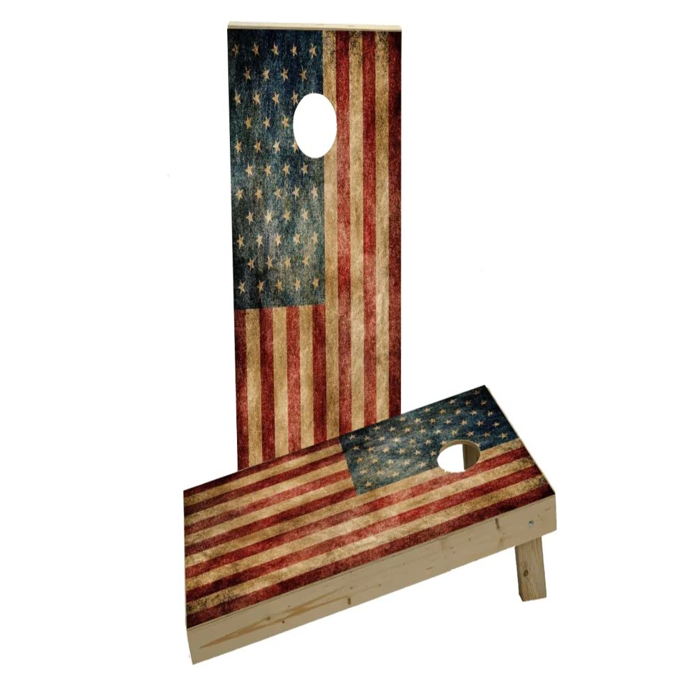 Cornhole Board Set: Worn American Flag Custom Cornhole Boards Game Set. Perfect for Backyard, Beach, Park, Tailgates., White
