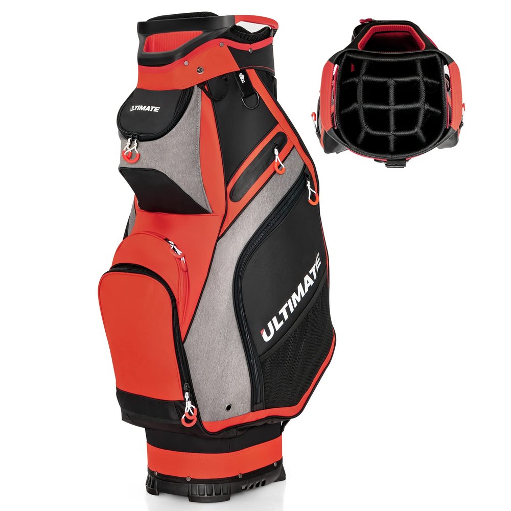 Tangkula 11" Golf Cart Bag with 14 Way Top Dividers, Lightweight & Portable Golf Club Cart Bag with 7 Zippered Pockets, Rain Hood, Shoulder Strap, Umbrella Holder
