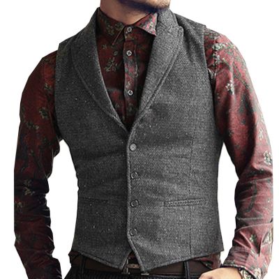 Men's Suit Vests for Big and Tall Men Herringbone Waistcoat Formal Business Dress Suit Vests for Wedding/Party (Color : Gray, Size : Medium)