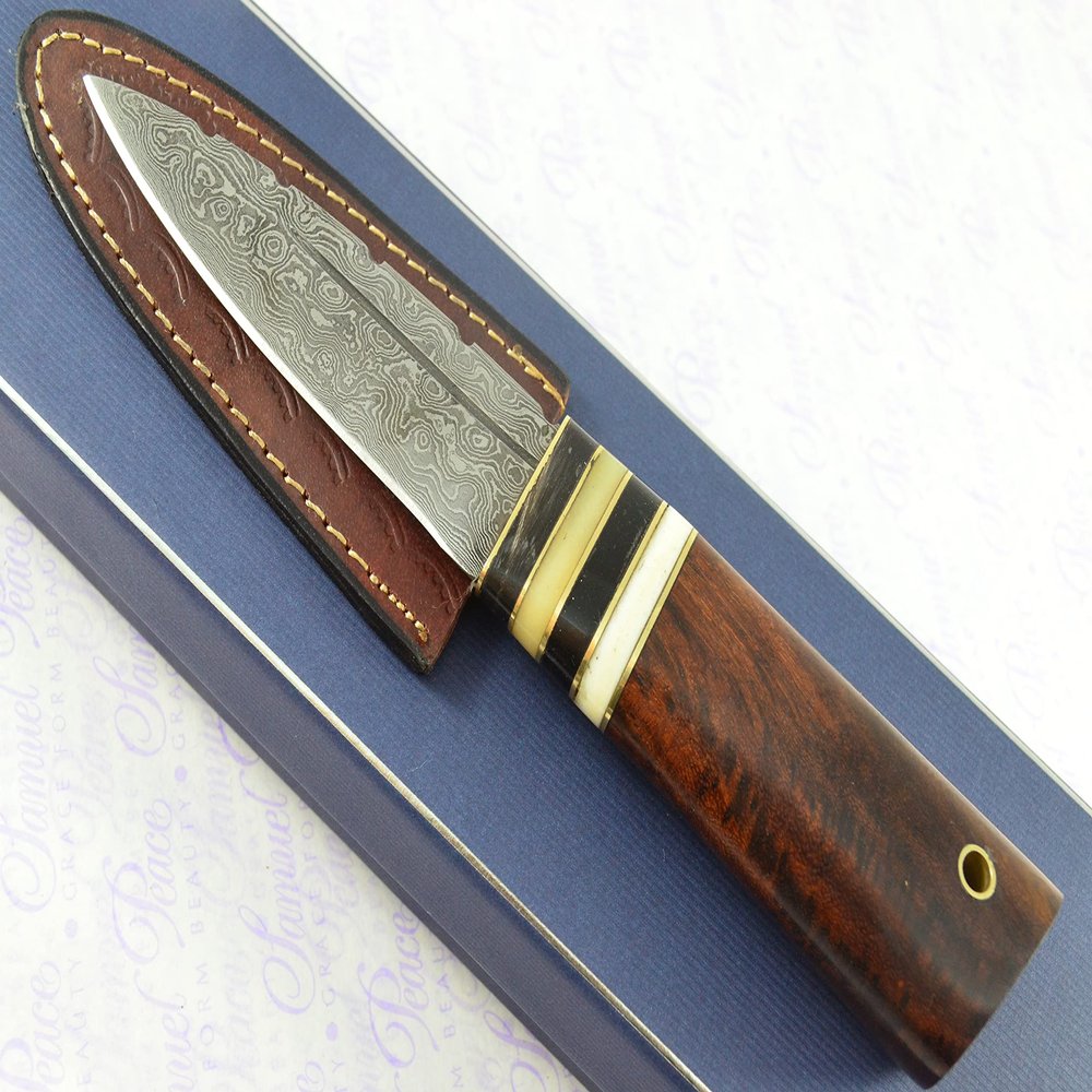 New Genuine Damascus Steel Bespoke Full Tang Kiln Dried Ironwood Handle Sheffield Sgian Dubh with Leather Sheath Boxed