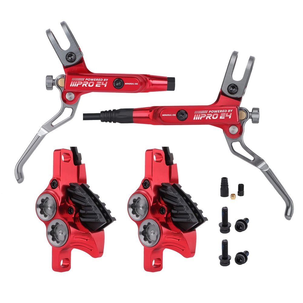 JFOYH Upgraded E4 MTB 4 Pistons Hydraulic Disc Brake Set with Cooling Metal Pads for Mountain Bike(Pre-Bled, Front and Rear) - Red