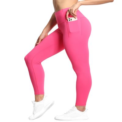 THE GYM PEOPLE Tummy Control Workout Leggings with Pockets High Waist Athletic Yoga Pants for Women Running, Fitness (Bright Pink,Small)