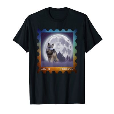 EARTH FOREVER Environmental Protection Stamp Full Moon Wolf T-Shirt