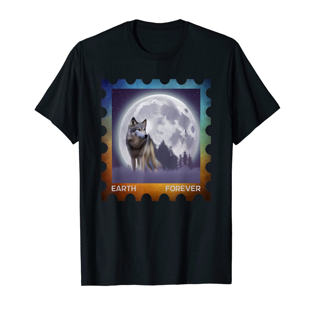 EARTH FOREVER Environmental Protection Stamp Full Moon Wolf T-Shirt