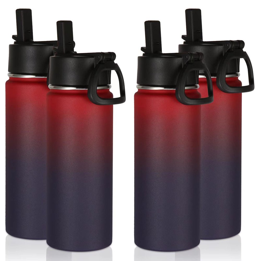 Volhoply 18oz Insulated Water Bottle Bulk 4 Pack,Kids Stainless Steel Water Bottles with Straw Lid,Wide Mouth Reusable Metal Cups,Double Wall Vacuum Sports Flask Keep Hot and Cold(Red Purple,4 Set)