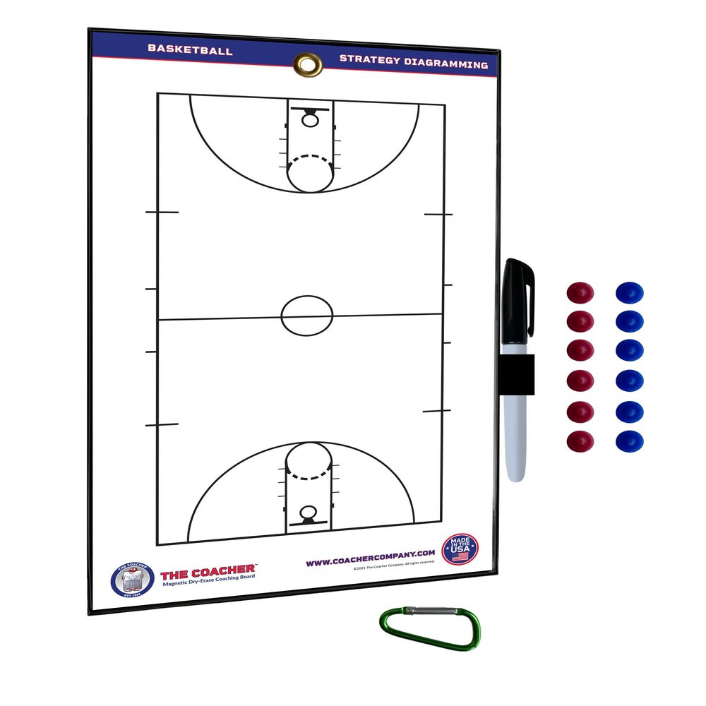 The Coacher Premium Dry Erase Magnetic Basketball Coaching Coach Board - Made in The USA (12 Ceramic Player Magnets)