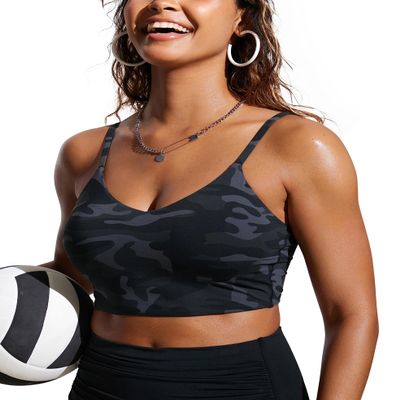 CRZ YOGA V Shaped Longline Bikini Tops for Women - Padded Cropped Adjustable Spaghetti Straps Swimsuit Athletic Bathing Suit Jungle Camouflage Gray Medium