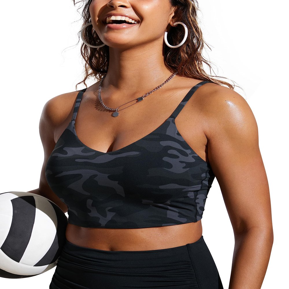 CRZ YOGA V Shaped Longline Bikini Tops for Women - Padded Cropped Adjustable Spaghetti Straps Swimsuit Athletic Bathing Suit Jungle Camouflage Gray Medium