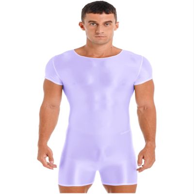 YONGHS Men's One-Piece Short Unitard Jumpsuit Short Sleeve Bodysuit Leotard Sport Wrestling Singlet Glossy Purple Large