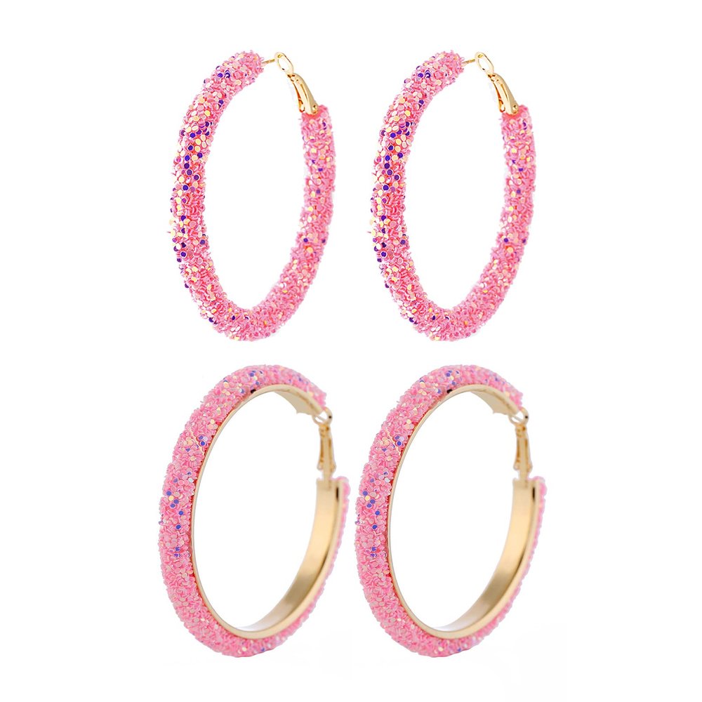 2 Pairs Gold Plated Sequin Hoop Earrings for Women Glitter Wrapped Circle Round Geometric Statement Earrings Boho Bling Bling Jewelry-pink