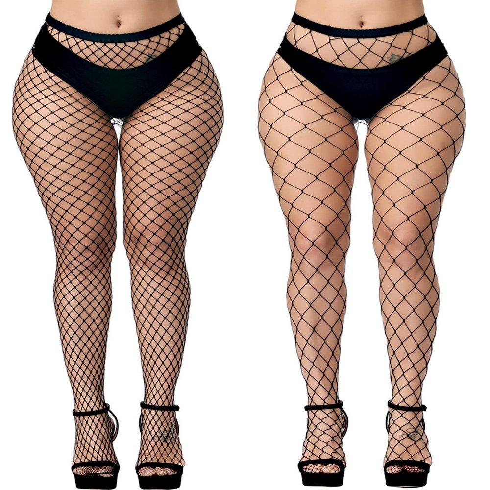 E-Laurels Womens High Waist Patterned Fishnet Tights Suspenders Pantyhose Thigh High Stockings Black, Black Fishnet Tights 2 PCS L+XL, One Size