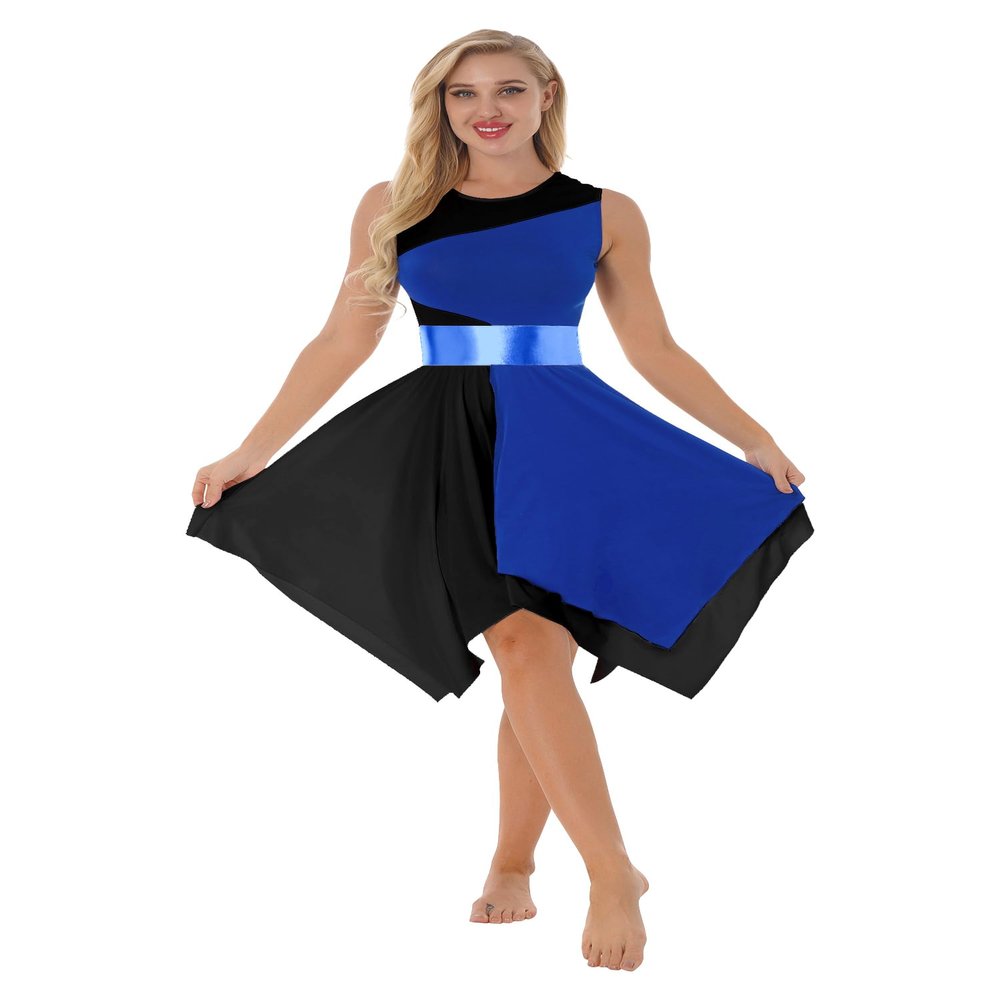 JanJean Women Asymmetrical Color Block Tank Dress Lyrical Contemporary Dance Costume Praise Liturgical Dress Blueblack X-Large
